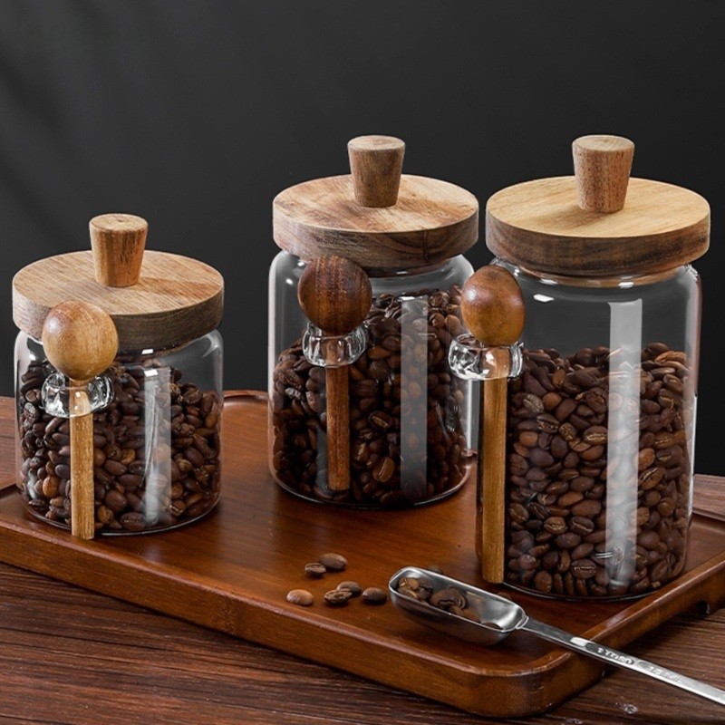 Coffee Tea Jar Set - ABJI-Glass Jar With Wooden Lids And